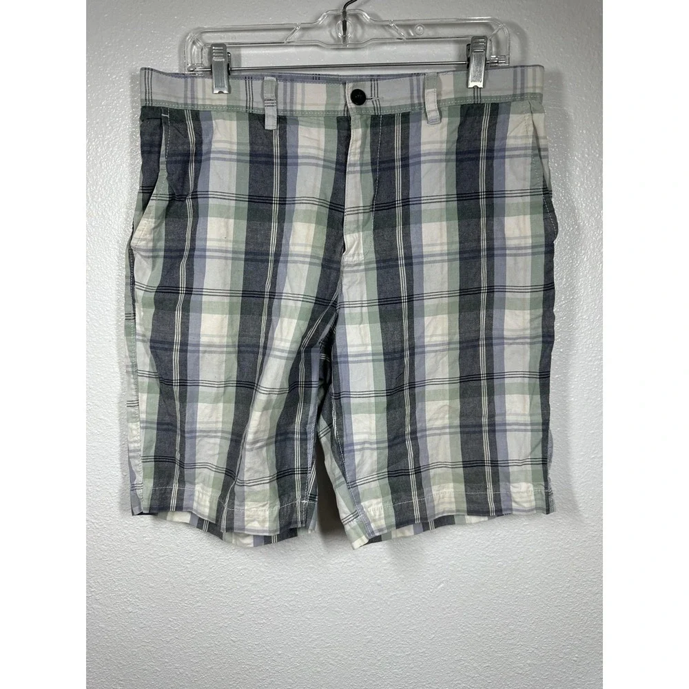 Sonoma Shorts Mens‎ 34 Gray Green Blue Plaid 100% Cotton Casual Classic